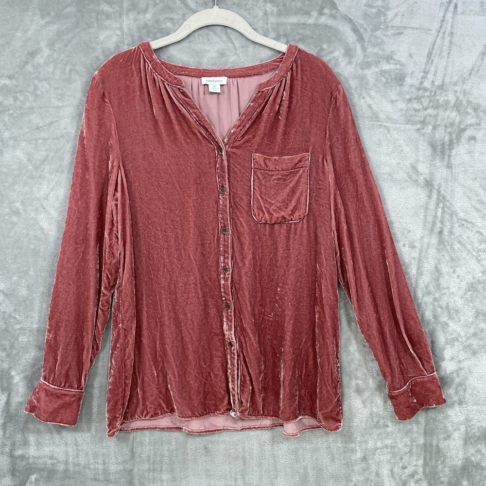 Sundance Velvet Blouse Women's Size M Button Down Dusty Rose Silk Rayon Boho